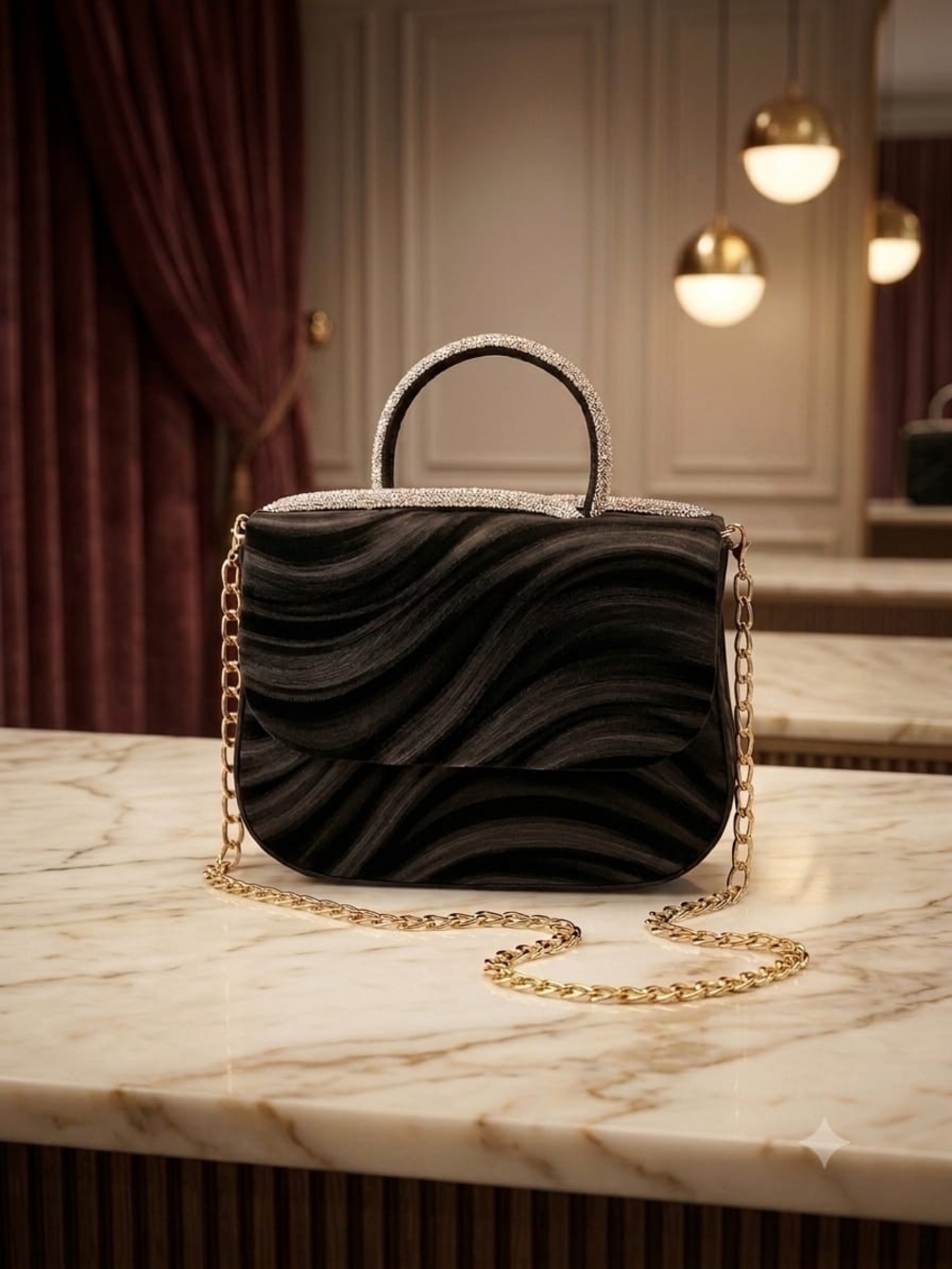 Elegant Black Satin Wavy Crossbody Bag with Rhinestone Handle & Gold Chain